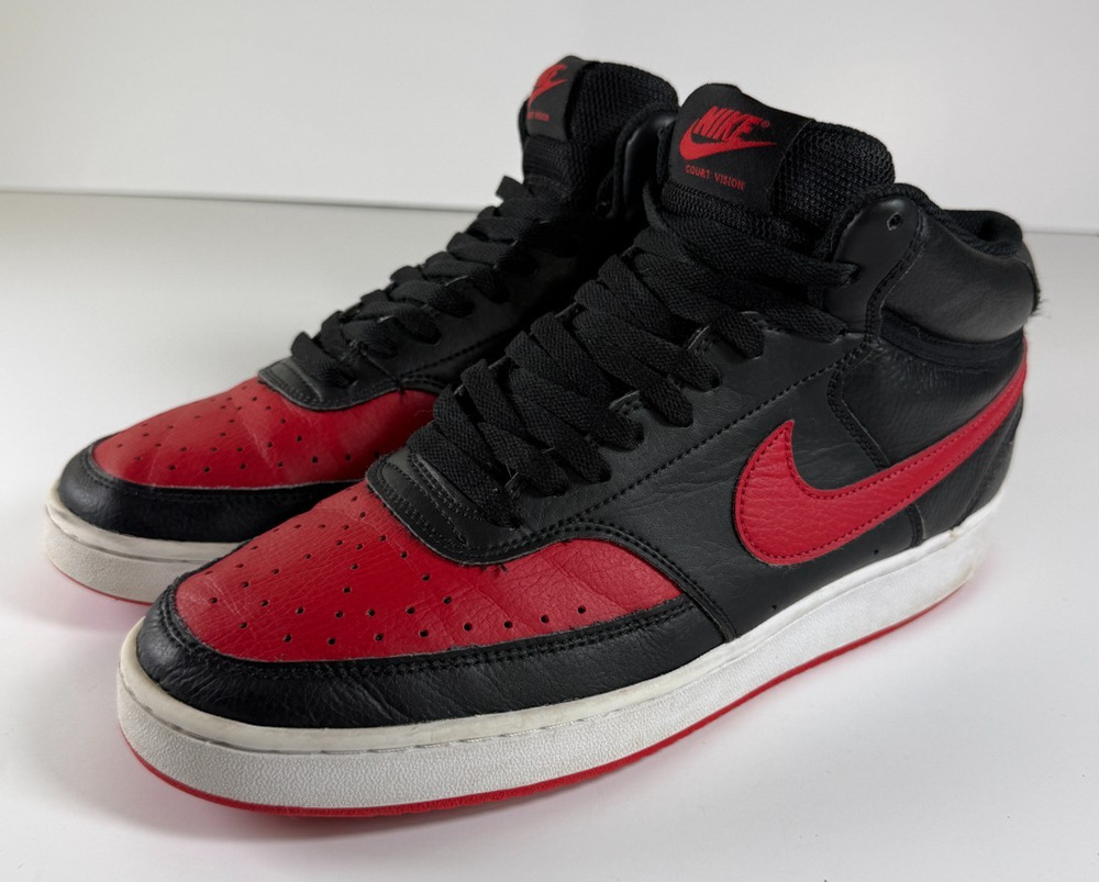 Nike Court Vision Mid Bred Men's Size 9.5 Black Red Leather Sneakers DM8682-001
